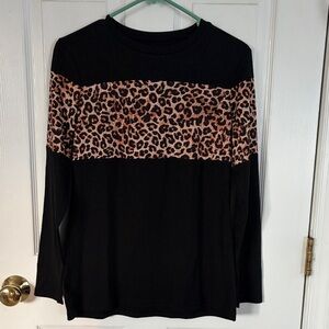 Chic Black and Leopard Print Long Sleeve Top